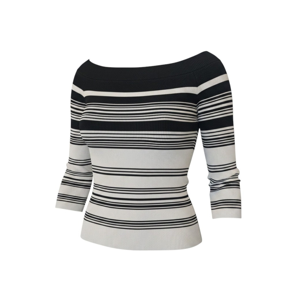 WHBM Breton Stripe Sweater M Cream Black Nautical Preppy Office Wear Capsule
